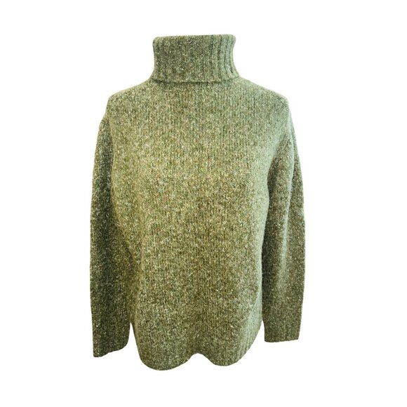 Vintage L.L. Bean Heavy Knit Olive Green Turtleneck Sweater L Wool Blend Preppy - Picture 1 of 9